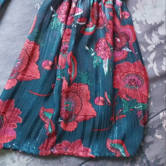 🌸Charming Charlie Floral Scoop Neck Women's Babydoll Top Teal Red Shiny Boho🌸 - Picture 7 of 12
